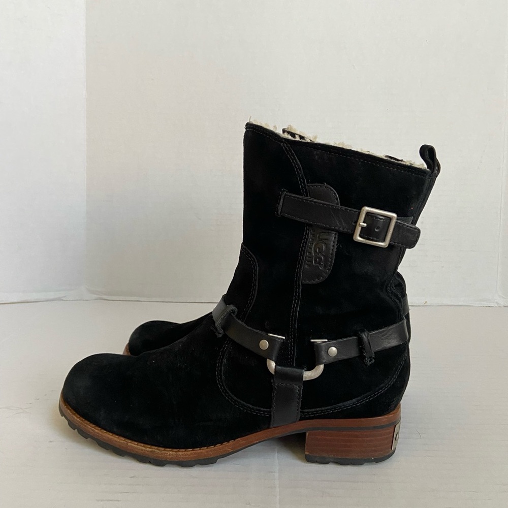 Ugg Leather Boots Booties Womens Shearling Biker Snow Cold Suede Black Sz 9.5